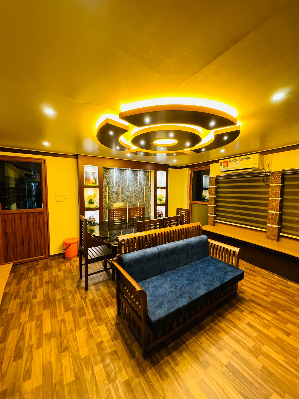 Angel Houseboats lounge lit in the evening